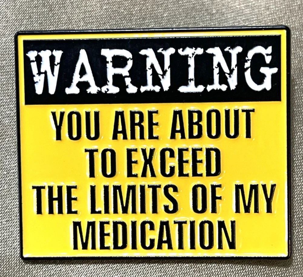 NWOT Yellow Warning Lapel Pin Enamel Square You Are About To Exceed Medication